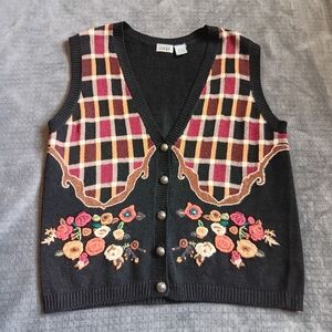 Vintage Dark Cottage Floral Embroidery Knit Sweater Vest Cardigan Lucia Large
